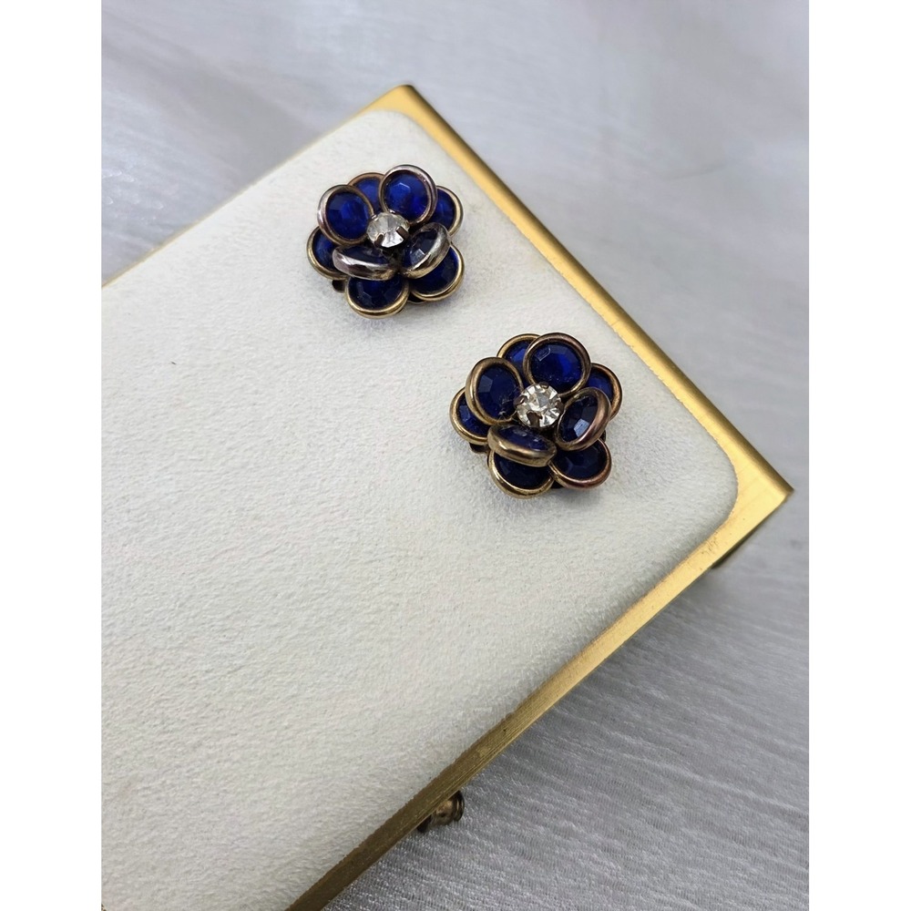 Vintage Cobalt Blue Layered Flower Stud Earrings Clear Rhinestone Center 3D‎